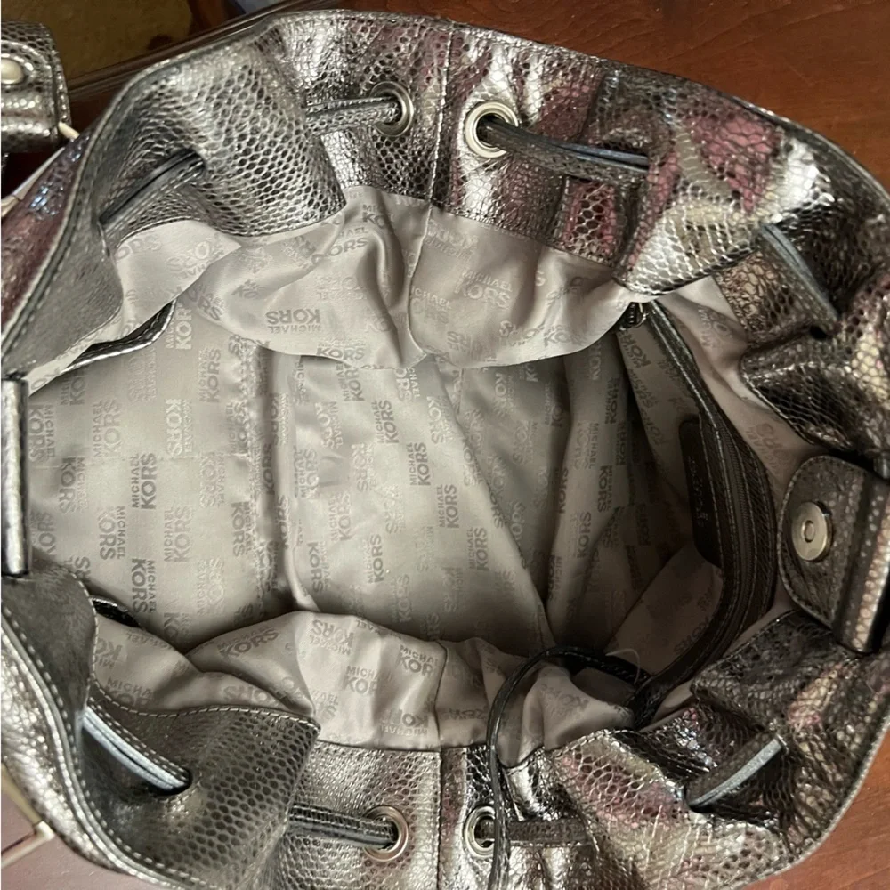 Michael Michael Kors Newbury satchel snake embossed  leather pewter silver